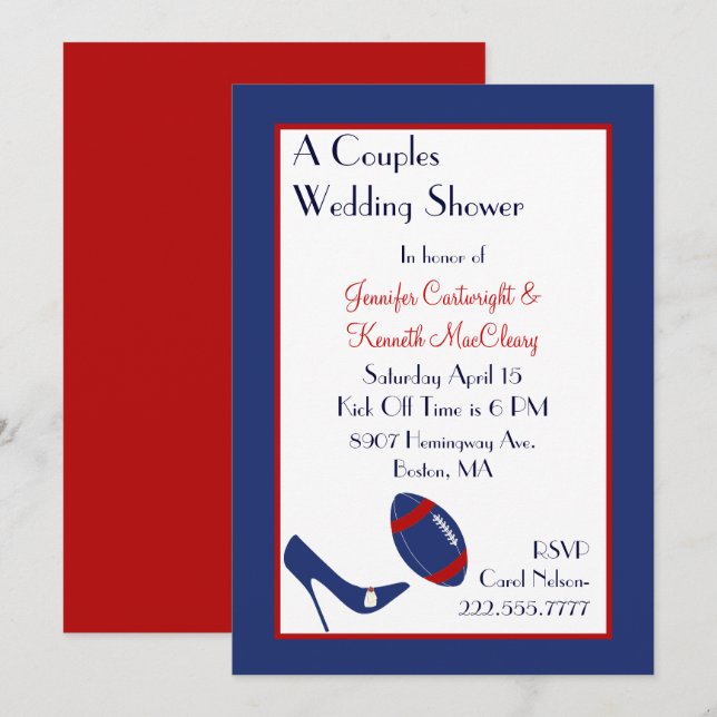 Invitation Wedding shower Couples de football rouge et bleu (Devant / Derrière)
