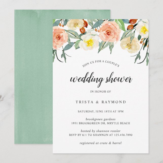 Invitation Wedding shower Couples floraux de l'aquarelle de p (Devant / Derrière)