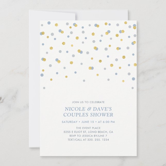 Invitation Wedding shower Couples Hexagon Bleu, Or (Devant)