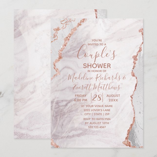 Invitation Wedding shower d'Agate Or Blanc et Rose (Devant / Derrière)