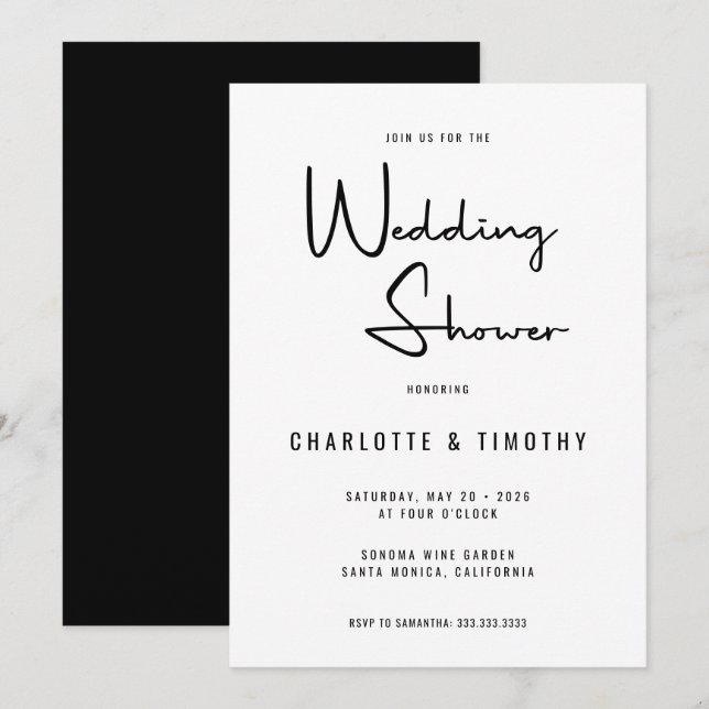 Invitation Wedding shower de calligraphie moderne minimaliste (Devant / Derrière)
