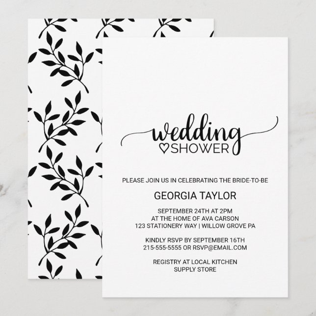 Invitation Wedding shower de calligraphie noire simple (Devant / Derrière)