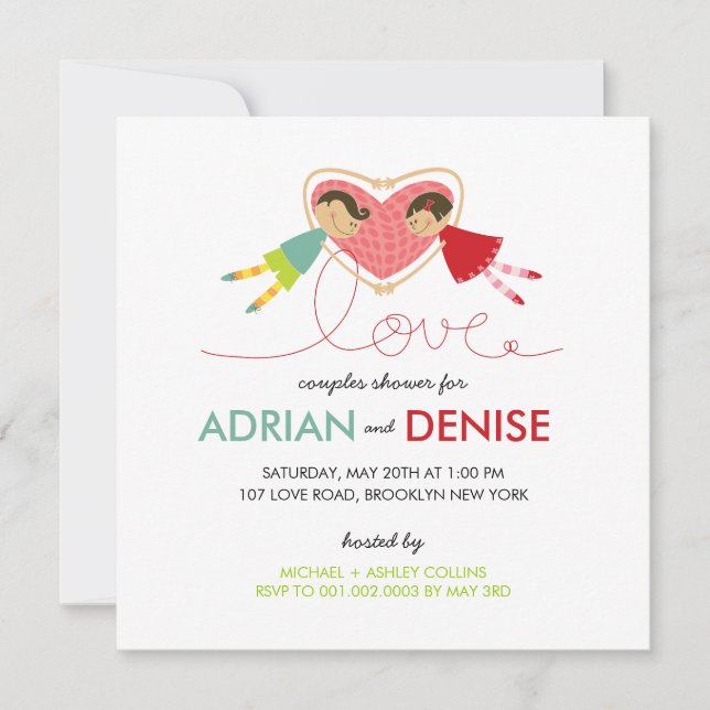 Invitation Wedding shower de Cartoon Boy Girl Love Hearve Cou (Devant)