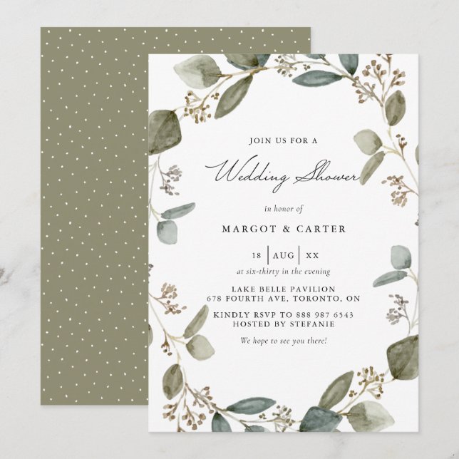 Invitation Wedding shower de couronnes d'Eucalyptus à aquarel (Devant / Derrière)