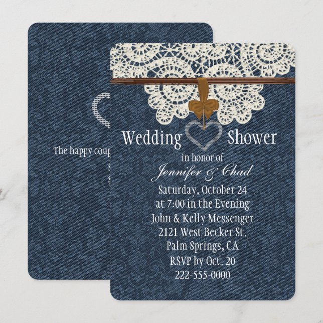 Invitation Wedding shower de dentelle de denim et d'ivoire de (Devant / Derrière)