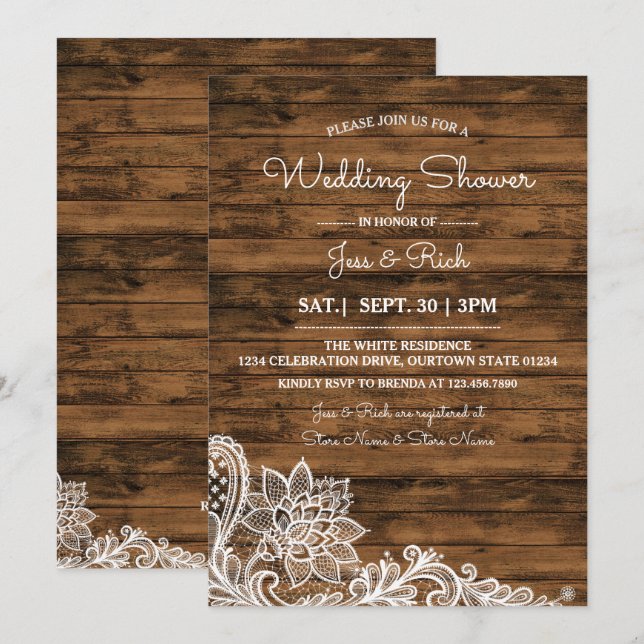 Invitation Wedding shower de dentelle et de bois d (Devant / Derrière)