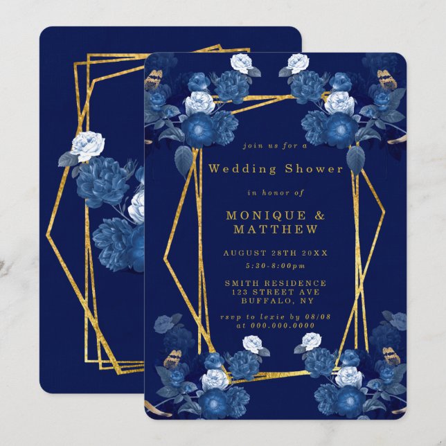 Invitation Wedding shower de Flore géométrique ble (Devant / Derrière)