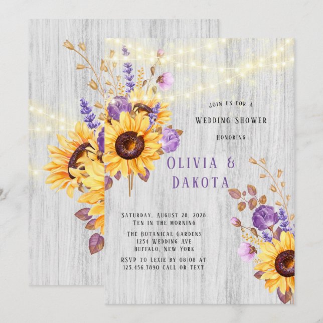 Invitation Wedding shower de pivoine violet du tournesol prin (Devant / Derrière)