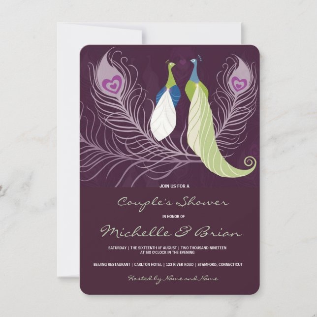 Invitation Wedding shower de pourpre d'inséparables de paires (Devant)