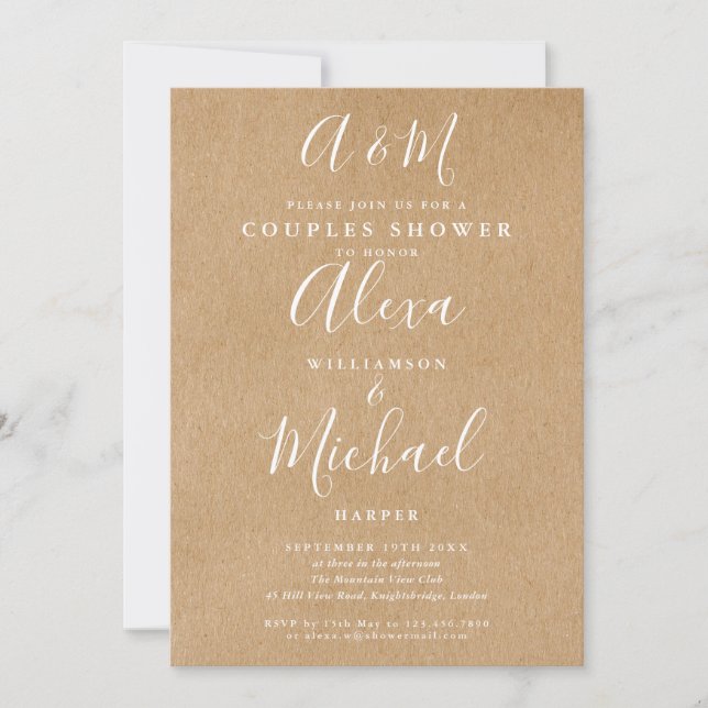 Invitation Wedding shower de script Monogramme Kraft Couples (Devant)