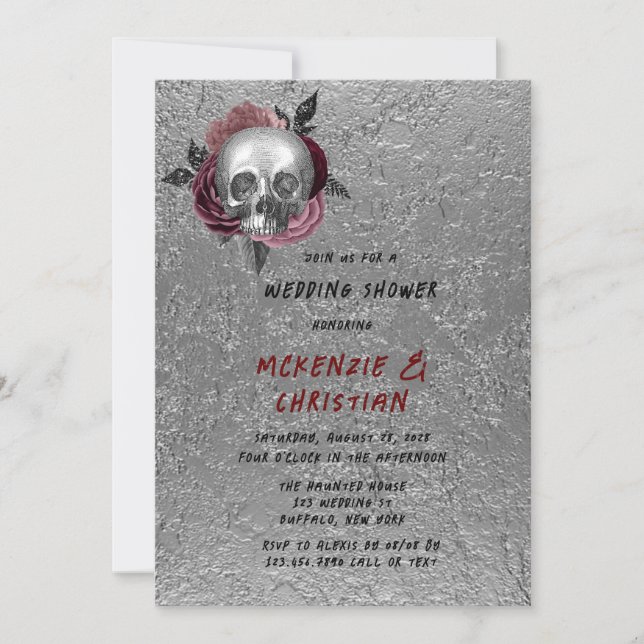 Invitation Wedding shower de tête de crâne noir rose argent (Devant)