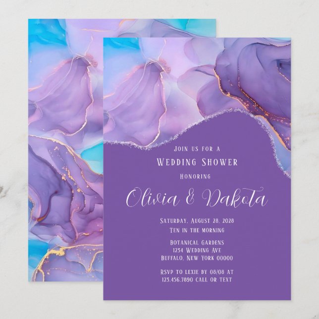 Invitation Wedding shower d'encre d'alcool Turquoise pourpre (Devant / Derrière)