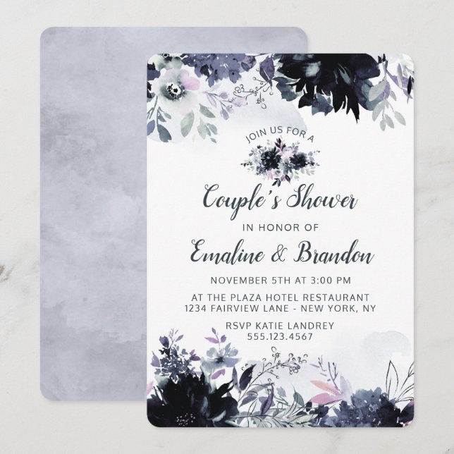 Invitation Wedding shower du couple bleu de la marine florale (Devant / Derrière)