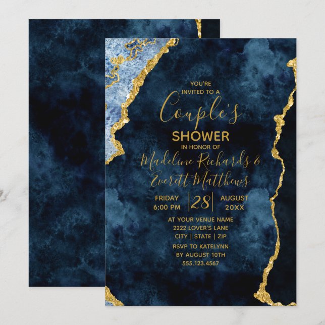 Invitation Wedding shower du couple d'or bleu de l (Devant / Derrière)