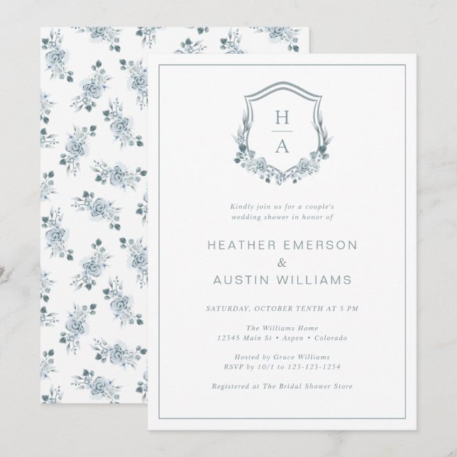 Invitation Wedding shower Floral Blue Couple (Devant / Derrière)