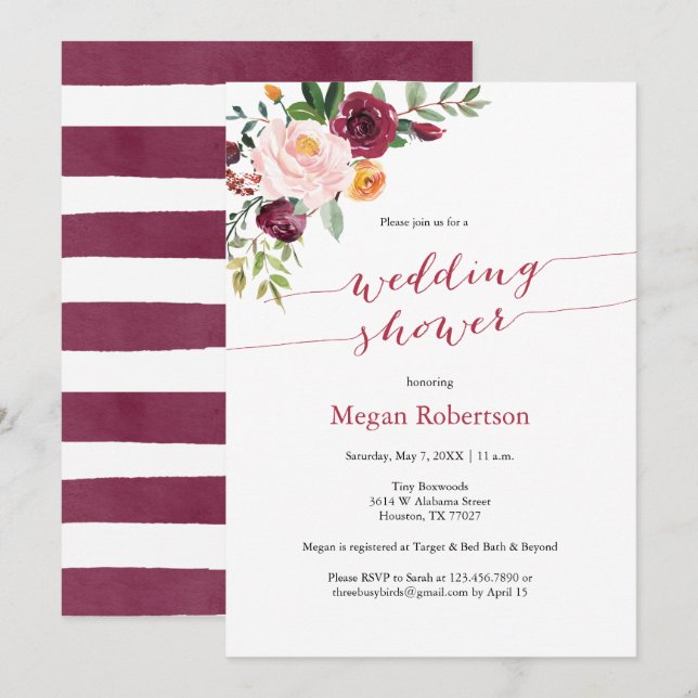 Invitation Wedding shower floral du Marsala rouge de Bourgogn (Devant / Derrière)