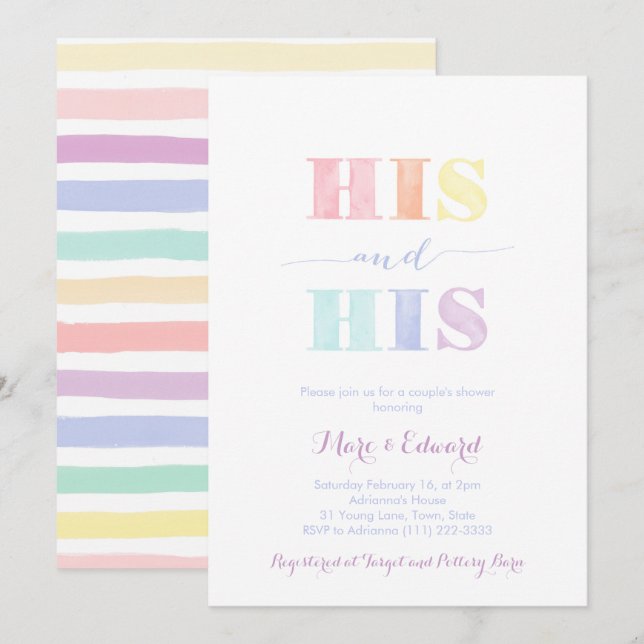 Invitation Wedding shower gay masculin, arc-en-ciel LGBTQ (Devant / Derrière)