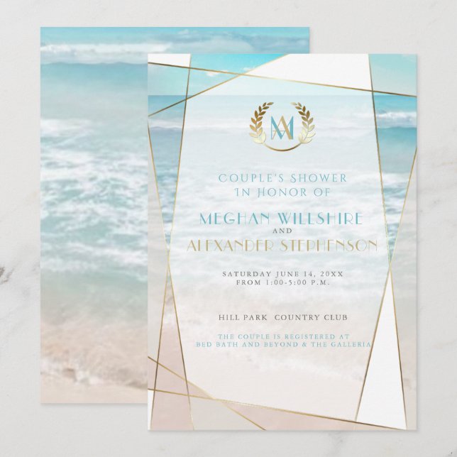 Invitation Wedding shower | Mariage moderne de Monogram Beach (Devant / Derrière)