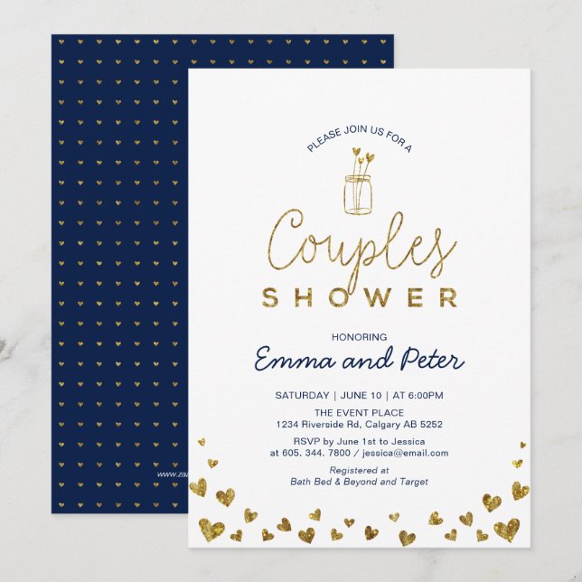Invitation Wedding shower Mason Jar, Gold & Navy Couples (Devant / Derrière)