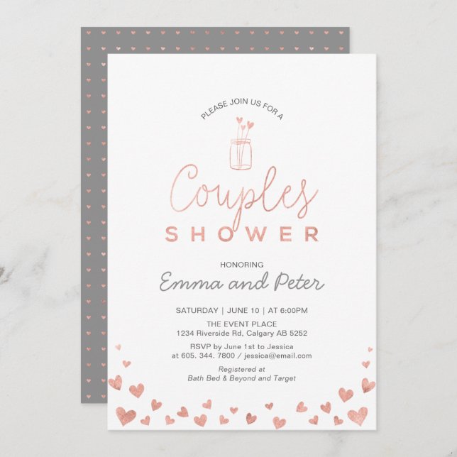 Invitation Wedding shower Mason Jar, Rose Gold & Grey Couples (Devant / Derrière)