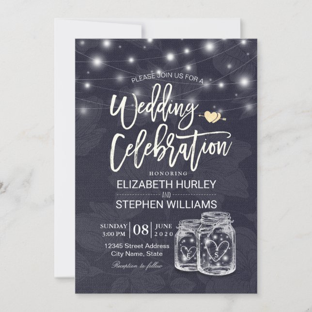 Invitation Wedding shower Mason Jar String Light Floral Linen (Devant)