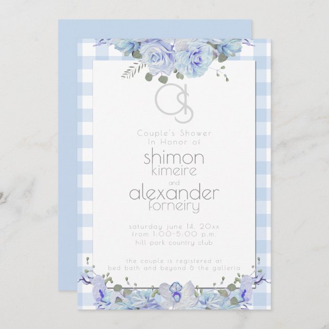 Invitation Wedding shower | Monogramme, bleu floral peint (Devant / Derrière)