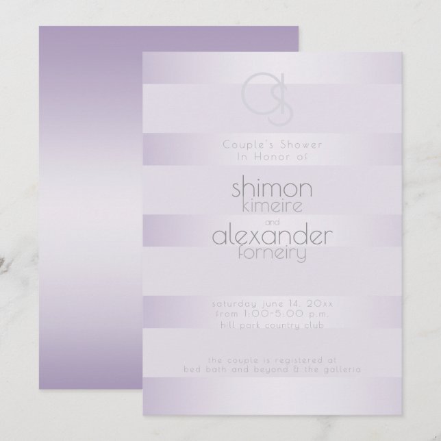 Invitation Wedding shower | Monogramme Lilac Shimmer Stripes (Devant / Derrière)