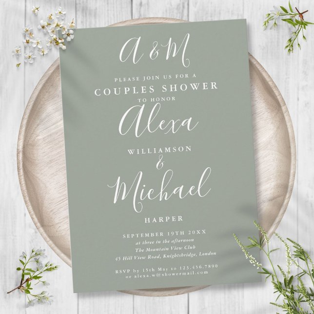 Invitation Wedding shower Monogramme Sage Green Couples (Script Monogram Sage Green Couples Wedding Shower Invitation)