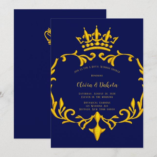 Invitation Wedding shower royal de la Couronne bleu et or (Devant / Derrière)