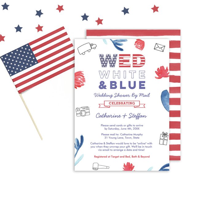 Invitation Wedding shower virtuel bleu mer par courrier (A Wed White And Blue Virtual Online Wedding or Bridal Shower invitation)