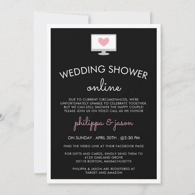 Invitation Wedding shower virtuel de l'ordinateur rose noir (Devant)