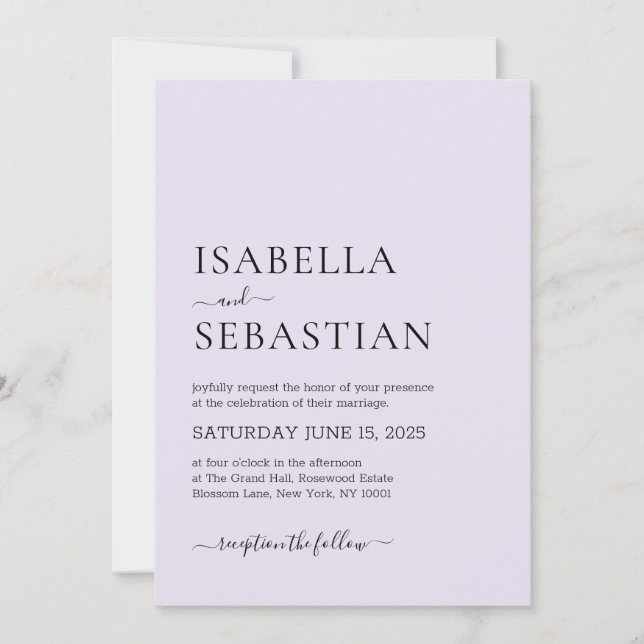 Invitation Wedding Simple Modern Lavender (Devant)