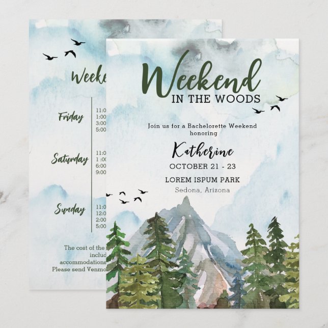 Invitation Week-end dans les bois enterrement de vie de jeune (Devant / Derrière)