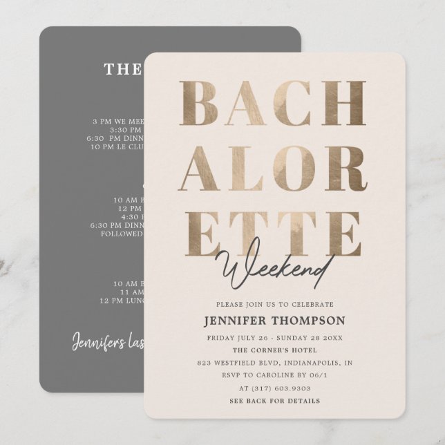 Invitation Week-end de Bachelorette Moderne Taupe & Or (Devant / Derrière)