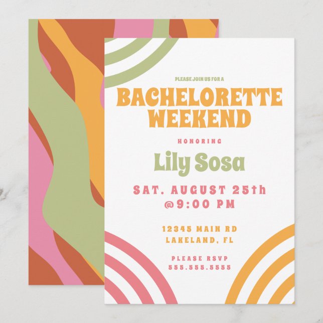 Invitation Week-end de bachelorette rétro des années 80 super (Devant / Derrière)