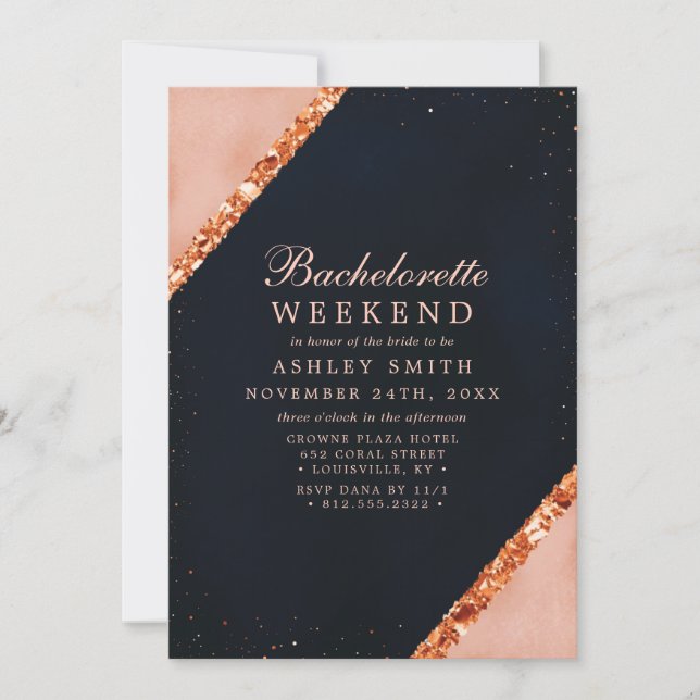 Invitation Week-end de célibataire moderne en rose cuivré et  (Devant)