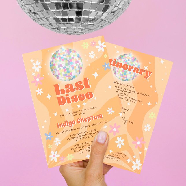 Invitation Week-end de jeune fille Groovy rétro disco floral (Créateur téléchargé)