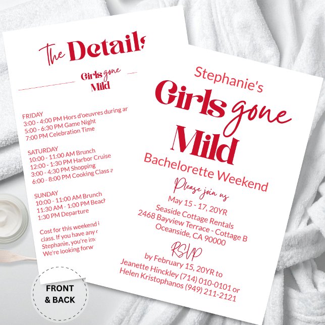 Invitation Week-end de plage classique pour future mariée Gir (Customized Elegant Calligraphy Girls Gone Mild White Bachelorette Beach Weekend Itinerary Invitation)