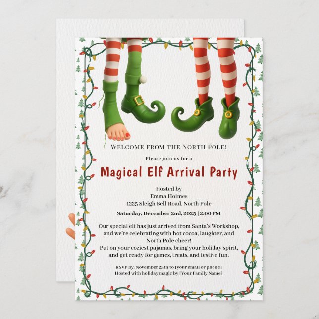 Invitation Welcome Elf Party | North Pole Arrival Celebration (Devant / Derrière)