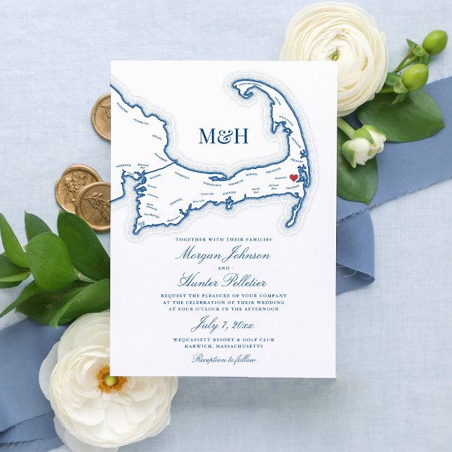 Invitation Wequassett Resort Harwich Cape Cod Mariage (Elegant Wequassett Resort and Golf Club wedding invitation featuring a map of Cape Cod)