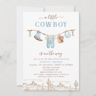 Invitation Western Blue Brown Cloche Baby shower Cowboy