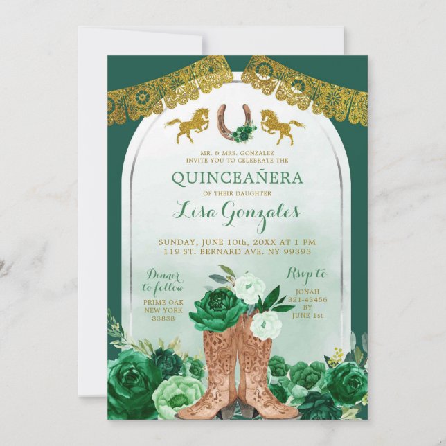 Invitation Western Boot espagnol Emerald Green Quinceañera (Devant)