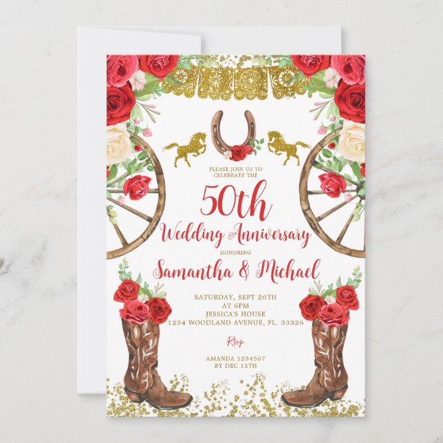 Invitation Western Bright Red Floral 50e anniversaire du Mari (Devant)