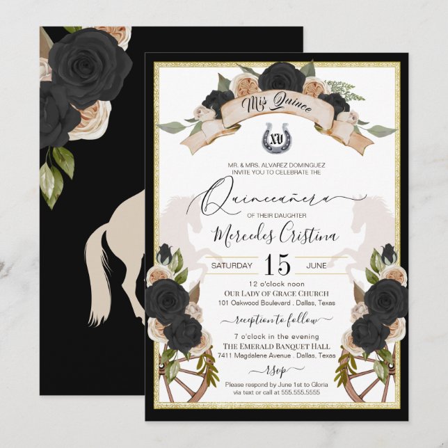 Invitation Western Charro Roses noirs & Chevaux Quinceanera (Devant / Derrière)