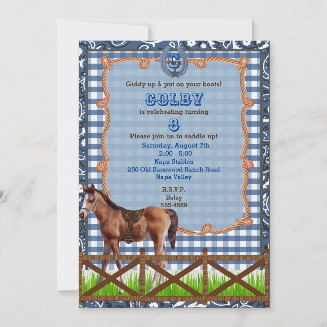 Invitation Western Cheval Brun et Bleu (Devant)