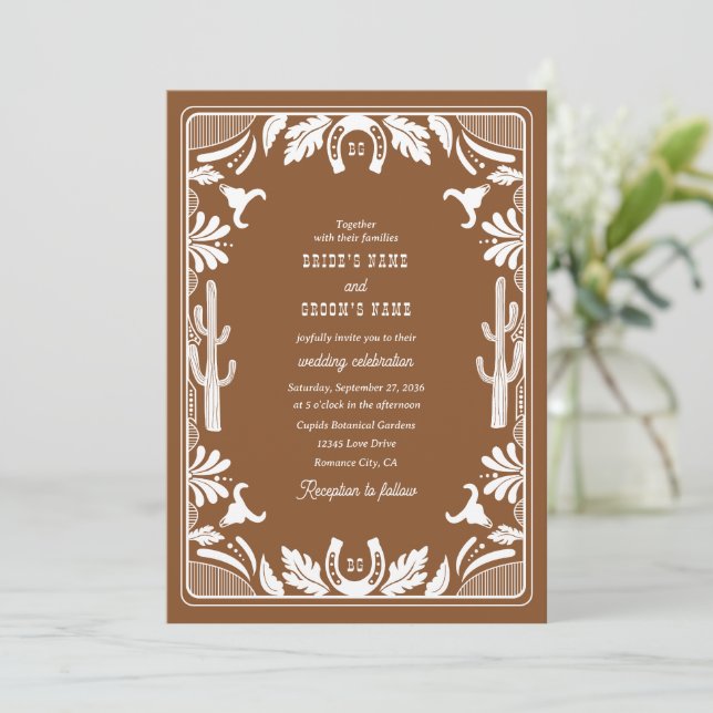 Invitation Western Country Cowboy Rustique Mariage Brown (Debout devant)