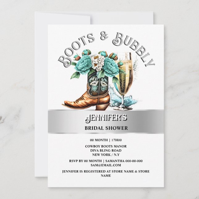 Invitation Western country cowgirl bottes turquoise argent bu (Devant)
