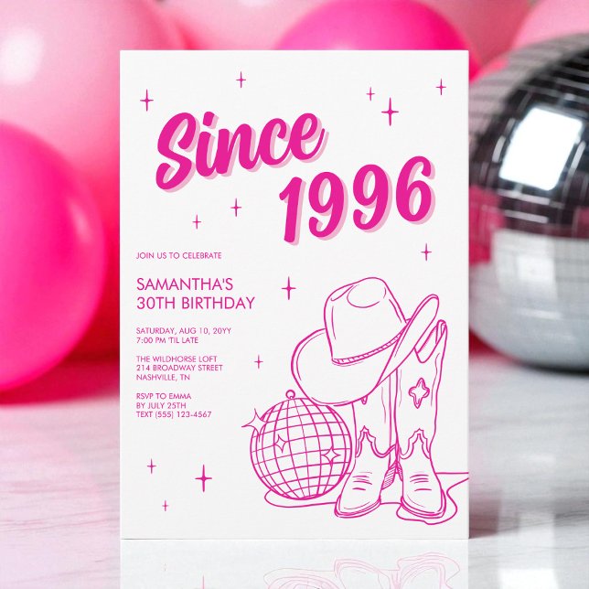 Invitation Western Country Pink Disco 30e anniversaire (Western Country Pink Disco 30th Birthday Party Invitation)