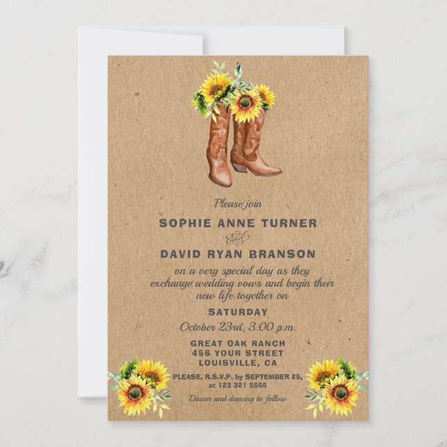 Invitation Western Cowboy Boots Country Sunflowers Mariage (Devant)