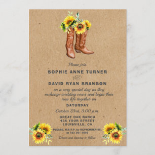 Invitation Western Cowboy Boots Country Sunflowers Mariage